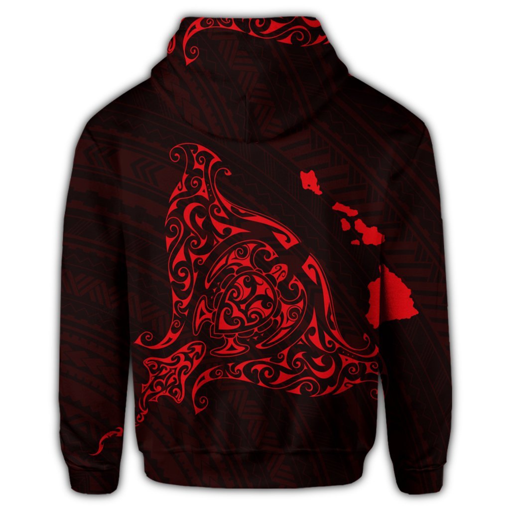 Hawaiian Map Manta Ray Red Polynesian Hoodie - Polynesian Pride