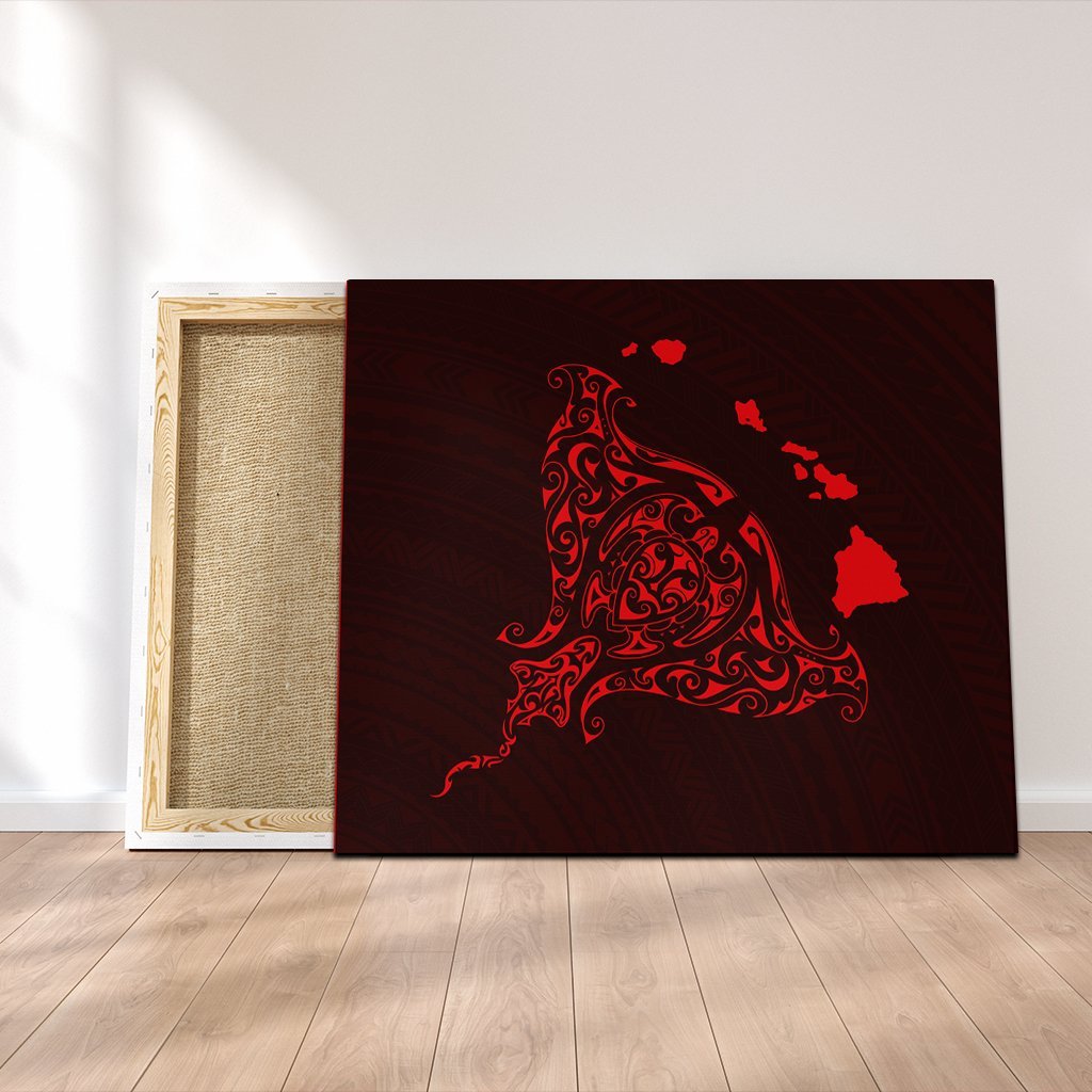 Hawaiian Map Manta Ray Red Polynesian Canvas - AH Canvas Poly-cotton - Polynesian Pride