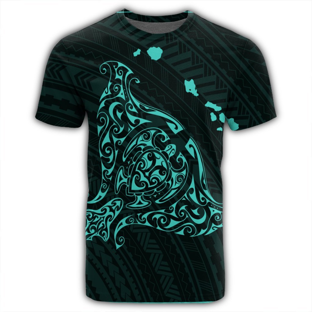 Hawaiian Map Manta Ray Turquoise Polynesian T Shirt - Polynesian Pride