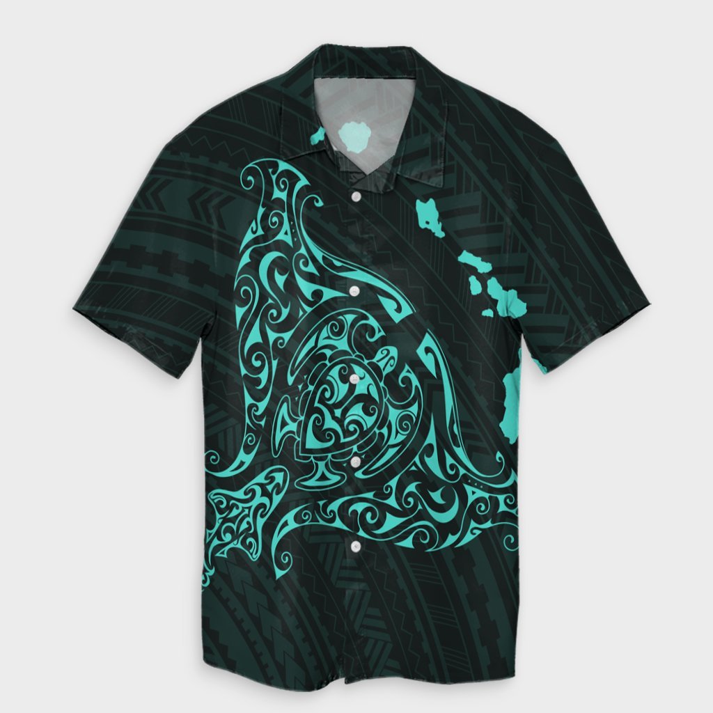 Hawaiian Map Manta Ray Turquoise Polynesian Hawaiian Shirt - AH Unisex Black - Polynesian Pride