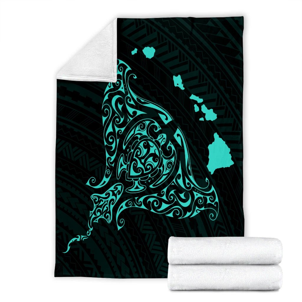 Hawaiian Map Manta Ray Turquoise Polynesian Premium Blankets - AH - Polynesian Pride