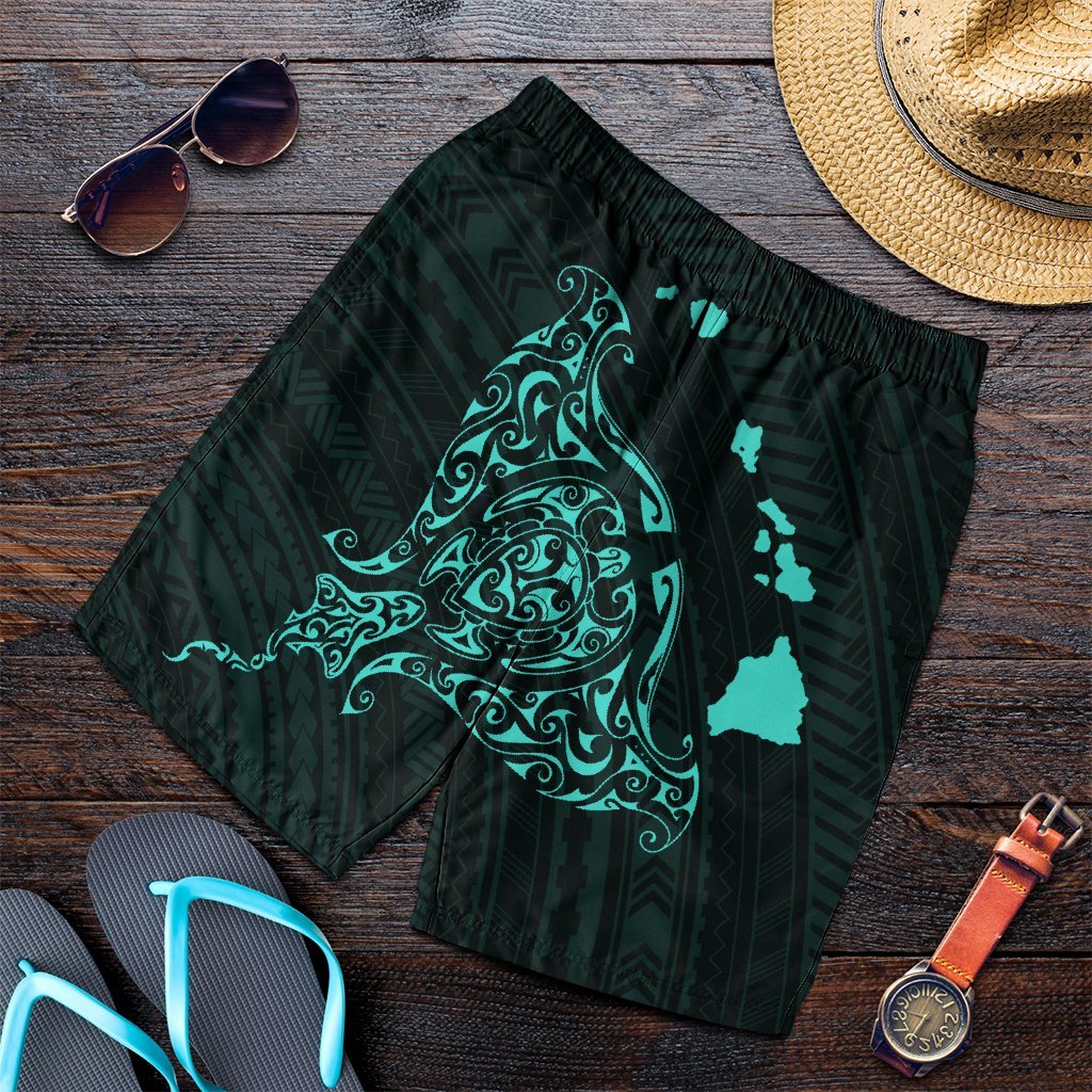Hawaiian Map Manta Ray Turquoise Polynesian Men's Shorts - AH Art - Polynesian Pride