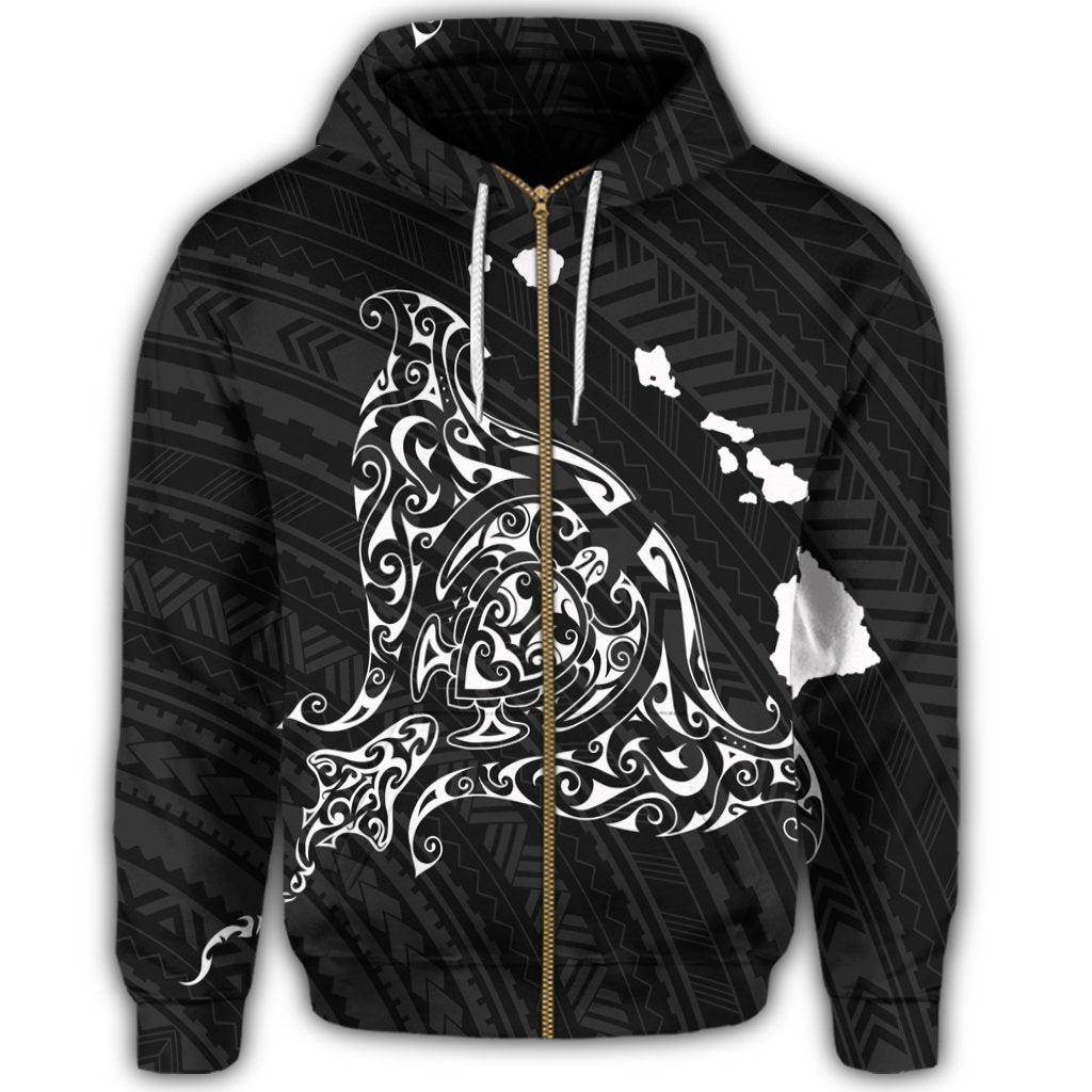 Hawaiian Map Manta Ray White Polynesian Zip Hoodie - Polynesian Pride