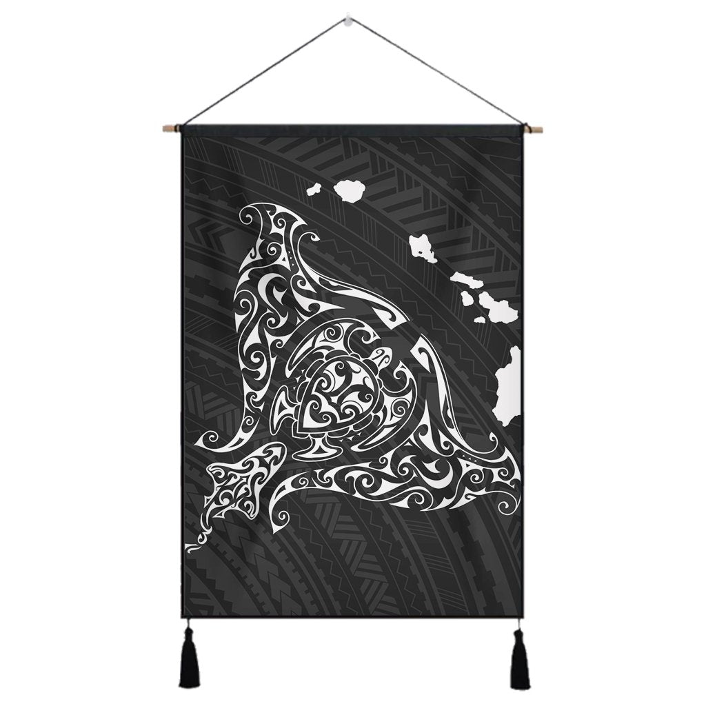 Hawaiian Map Manta Ray White Polynesian Hanging Poster - AH Hanging Poster Cotton And Linen - Polynesian Pride