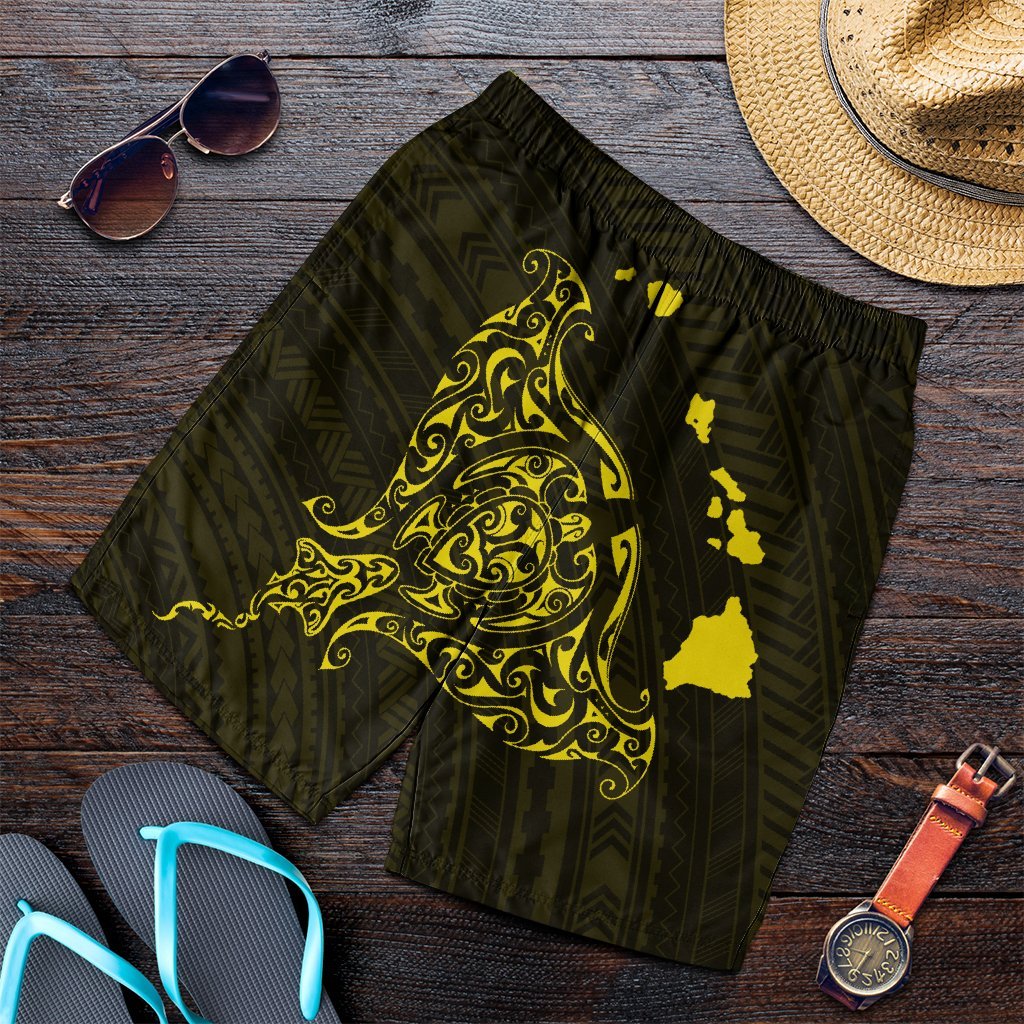 Hawaiian Map Manta Ray Yellow Polynesian Men's Shorts - AH Art - Polynesian Pride