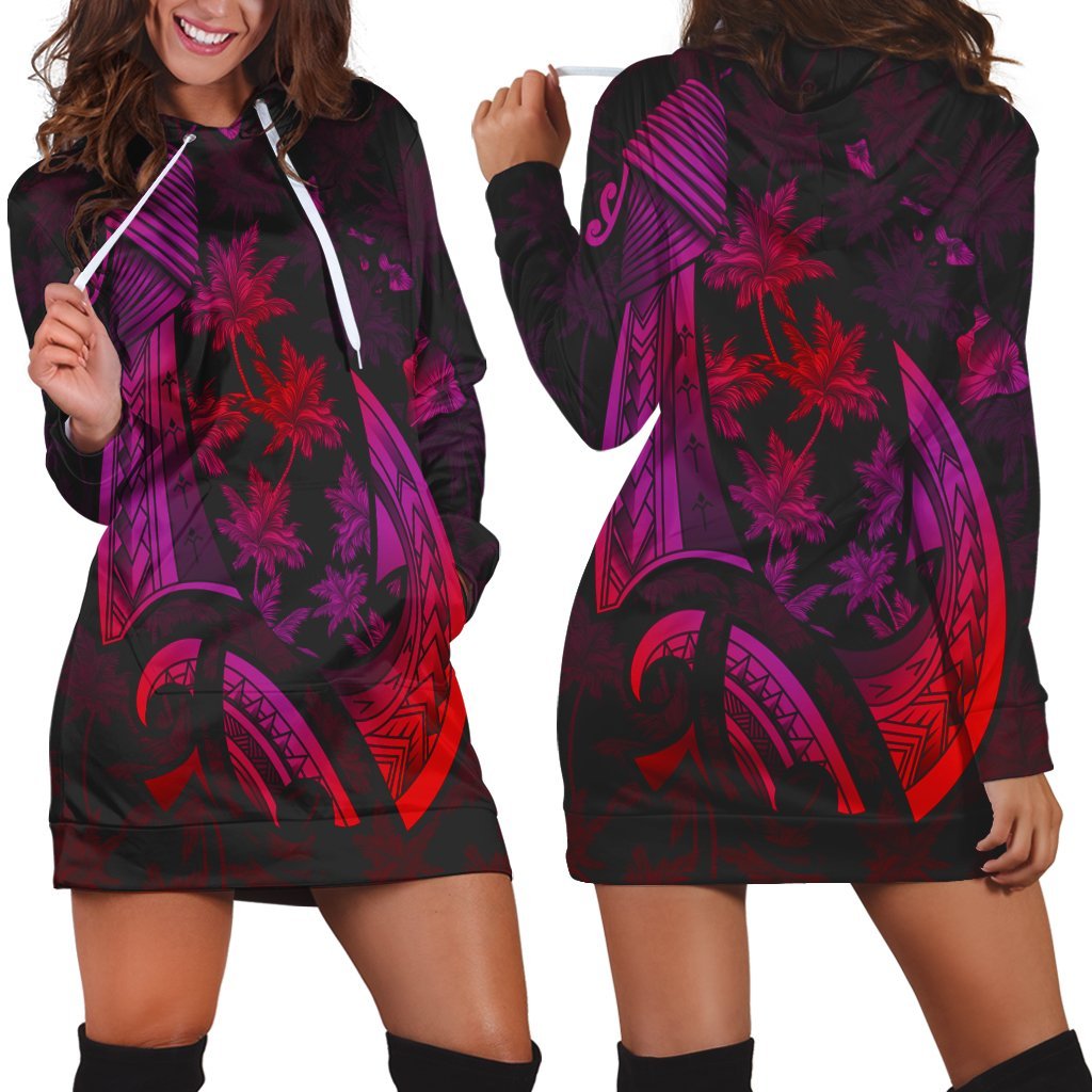 Hawaiian Map Palm Trees Fish Hook Polynesian Hoodie Dress Colorful Red - AH Black - Polynesian Pride