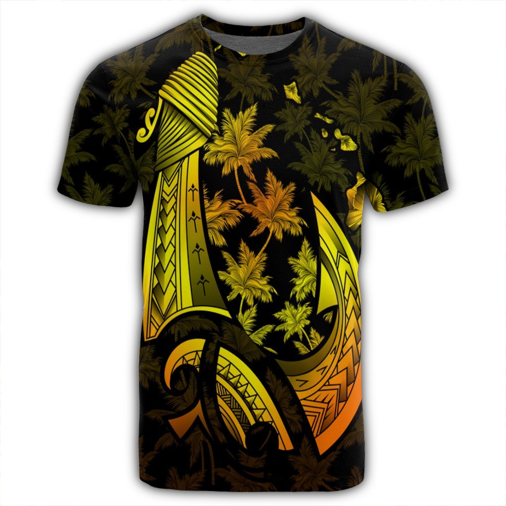 Hawaiian Map Palm Trees Fish Hook Polynesian T Shirt Colorful Yellow - Polynesian Pride