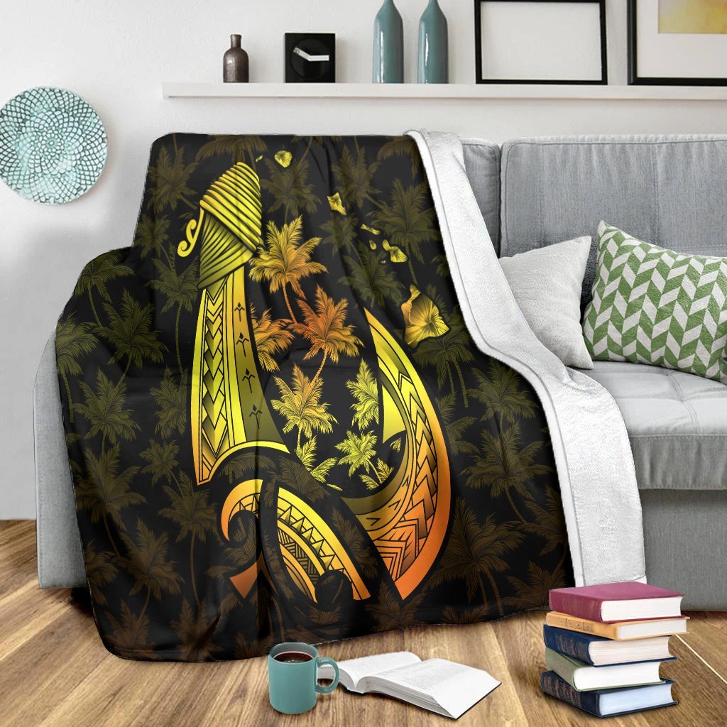 Hawaiian Map Palm Trees Fish Hook Polynesian Premium Blankets Colorful Yellow - AH - Polynesian Pride