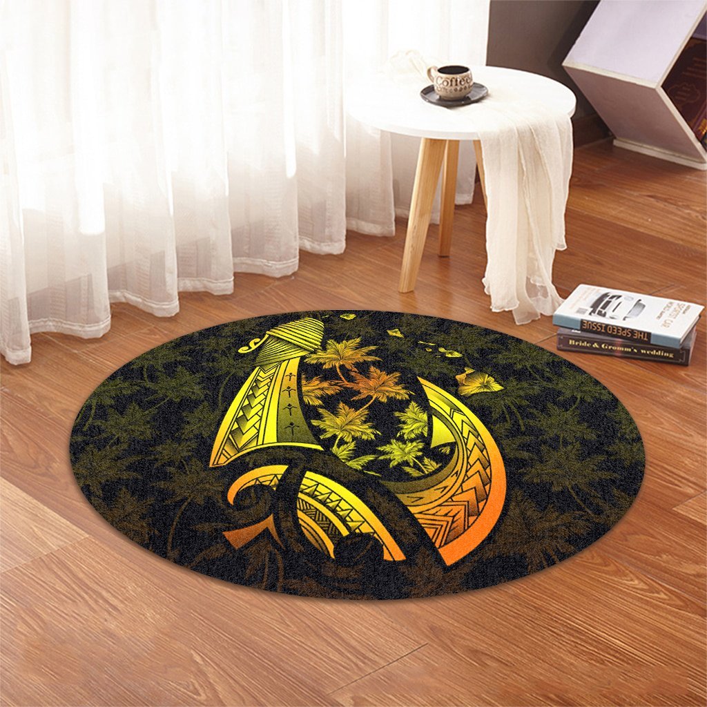 Hawaiian Map Palm Trees Fish Hook Polynesian Round Carpet Colorful Yellow - AH - Polynesian Pride