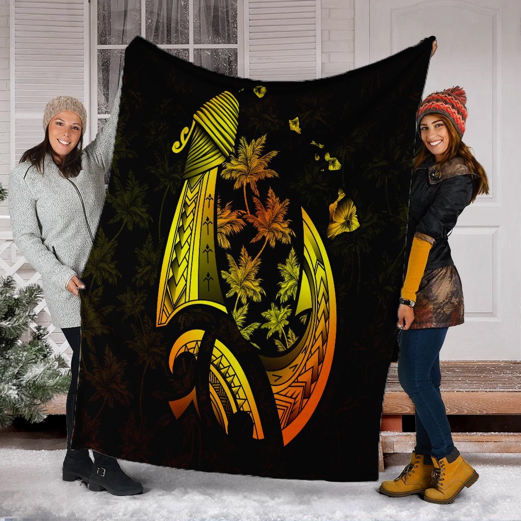 Hawaiian Map Palm Trees Fish Hook Polynesian Premium Blankets Colorful Yellow - AH - Polynesian Pride