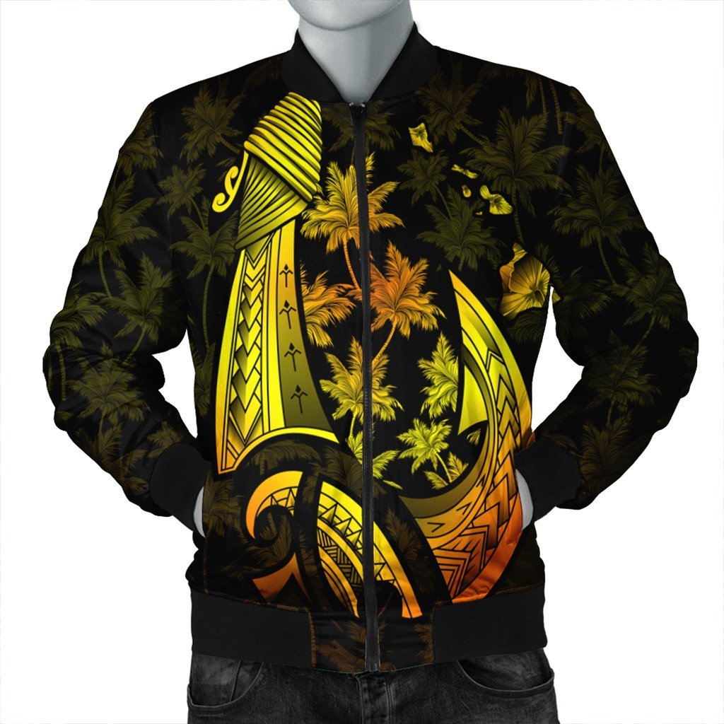 Hawaiian Map Palm Trees Fish Hook Polynesian Bomber Jacket Colorful Yellow - AH Black Unisex - Polynesian Pride