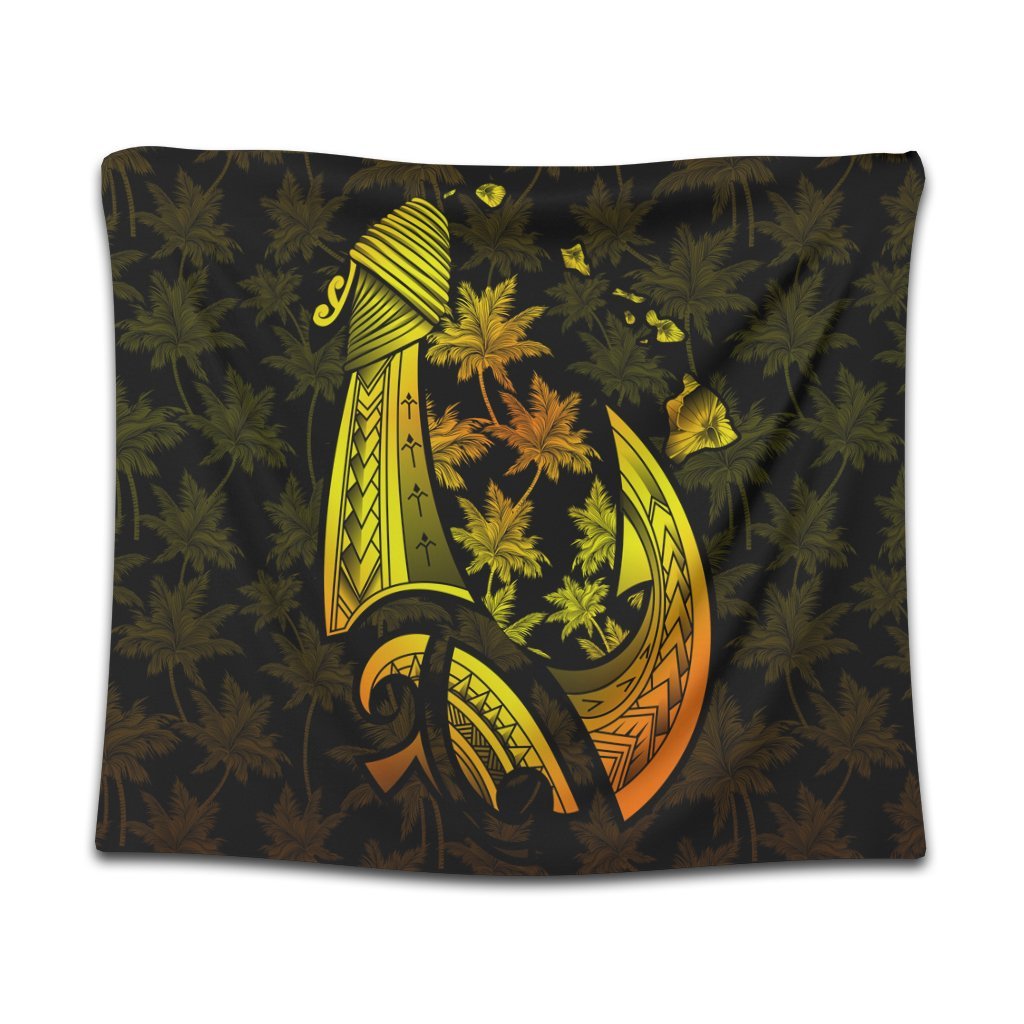 Hawaiian Map Palm Trees Fish Hook Polynesian Tapestry Colorful Yellow - AH Wall Tapestry Black - Polynesian Pride