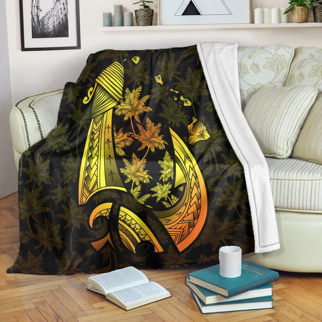 Hawaiian Map Palm Trees Fish Hook Polynesian Premium Blankets Colorful Yellow - AH White - Polynesian Pride