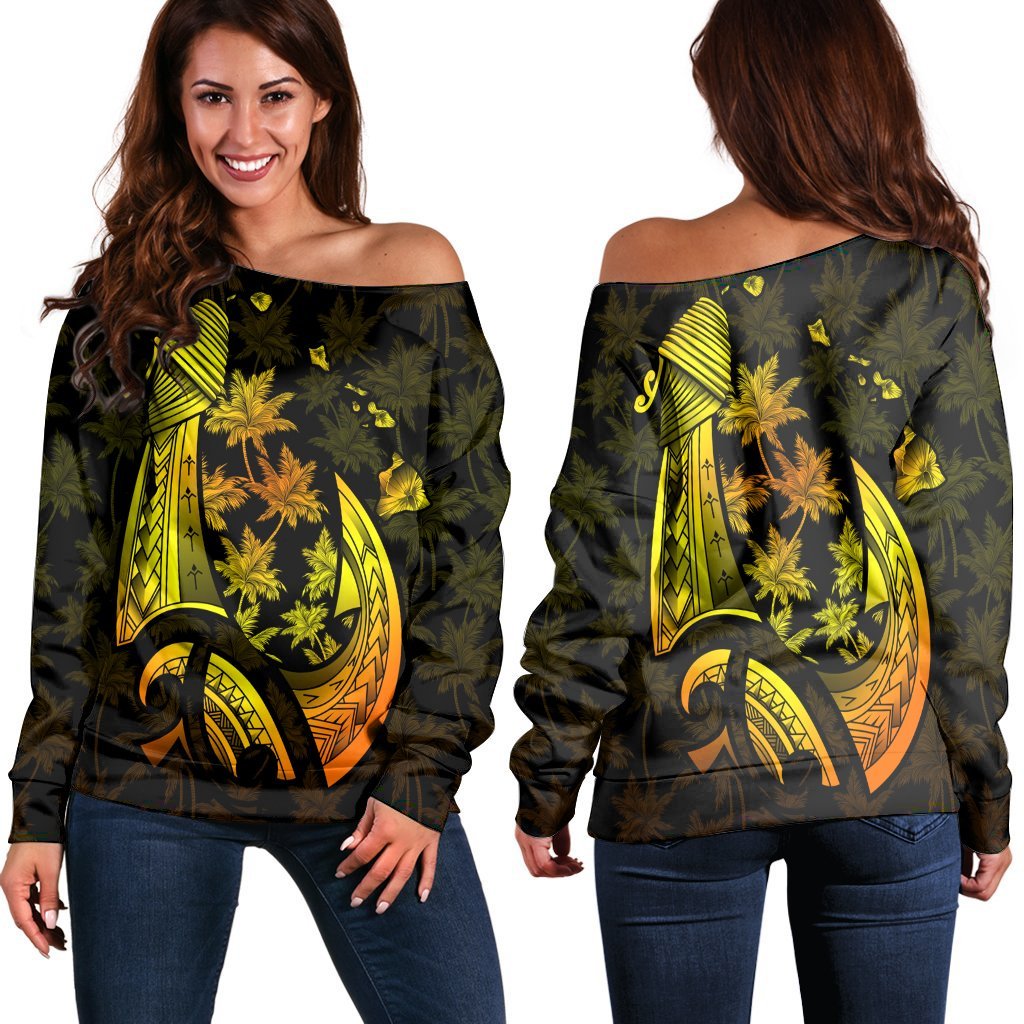 Hawaiian Map Palm Trees Fish Hook Polynesian Women's Off Shoulder Sweater Colorful Yellow - AH Black - Polynesian Pride