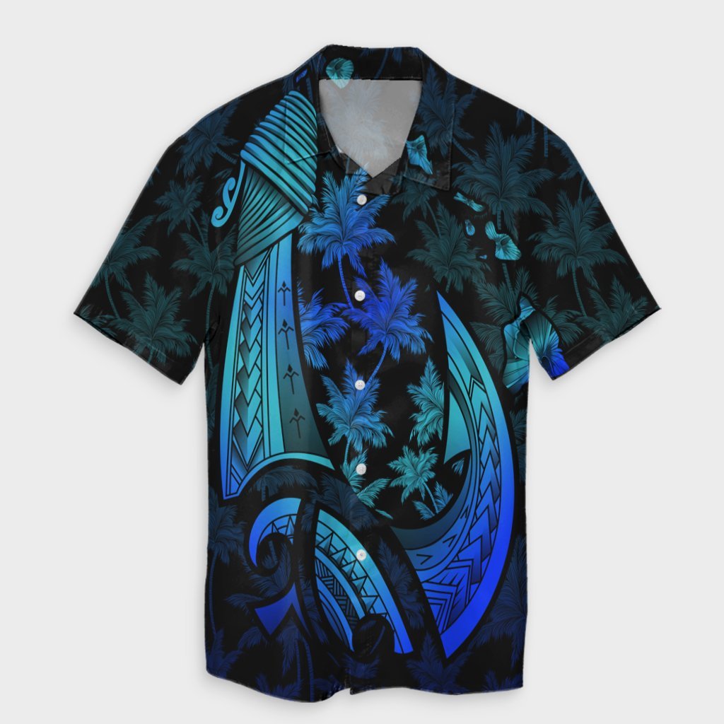 Hawaiian Map Palm Trees Fish Hook Polynesian Quilt Hawaiian Shirt Colorful Blue - AH Unisex Black - Polynesian Pride