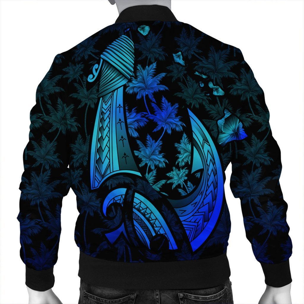 Hawaiian Map Palm Trees Fish Hook Polynesian Quilt Bomber Jacket Colorful Blue - AH - Polynesian Pride