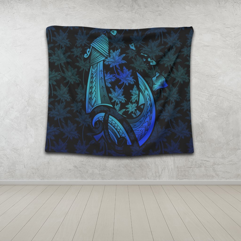 Hawaiian Map Palm Trees Fish Hook Polynesian Quilt Tapestry Colorful Blue - AH - Polynesian Pride