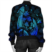 Hawaiian Map Palm Trees Fish Hook Polynesian Quilt Bomber Jacket Colorful Blue - AH - Polynesian Pride