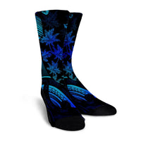 Hawaiian Map Palm Trees Fish Hook Polynesian Quilt Crew Socks Colorful Blue - AH - Polynesian Pride