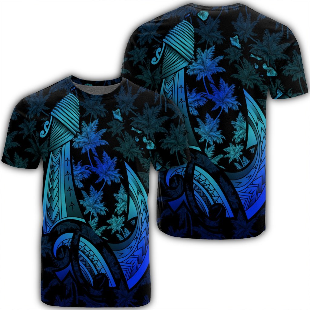 Hawaiian Map Palm Trees Fish Hook Polynesian Quilt T Shirt Colorful Blue Unisex Black - Polynesian Pride