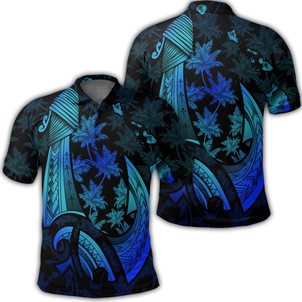 Hawaiian Map Palm Trees Fish Hook Polynesian Quilt Polo Shirt Colorful Blue Unisex Black - Polynesian Pride