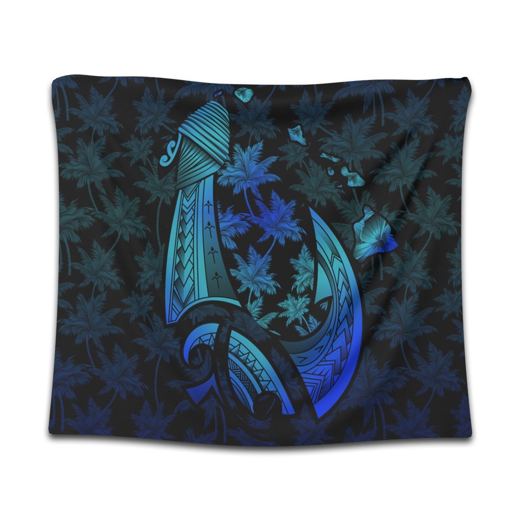 Hawaiian Map Palm Trees Fish Hook Polynesian Quilt Tapestry Colorful Blue - AH Wall Tapestry Black - Polynesian Pride