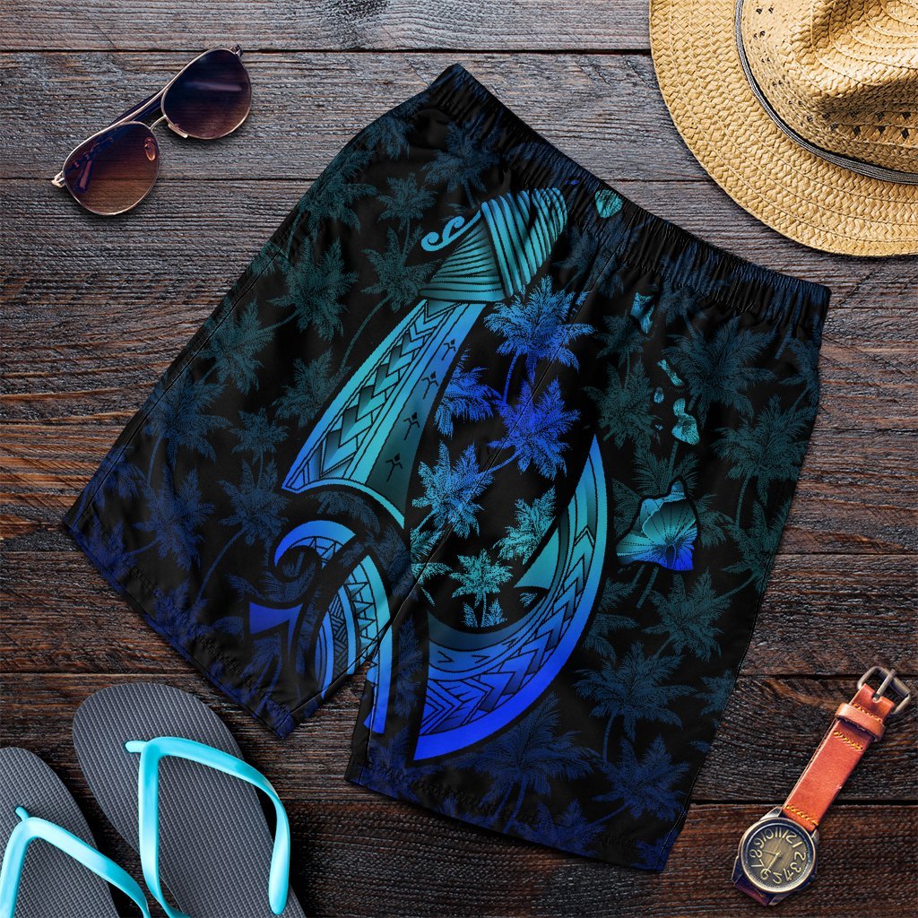 Hawaiian Map Palm Trees Fish Hook Polynesian Quilt Men's Shorts Colorful Blue - AH Art - Polynesian Pride