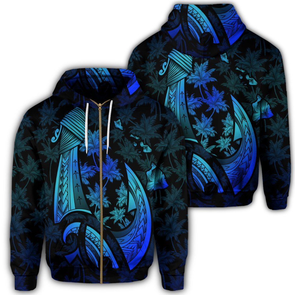 Hawaiian Map Palm Trees Fish Hook Polynesian Quilt Zip Hoodie Colorful Blue Unisex Art - Polynesian Pride