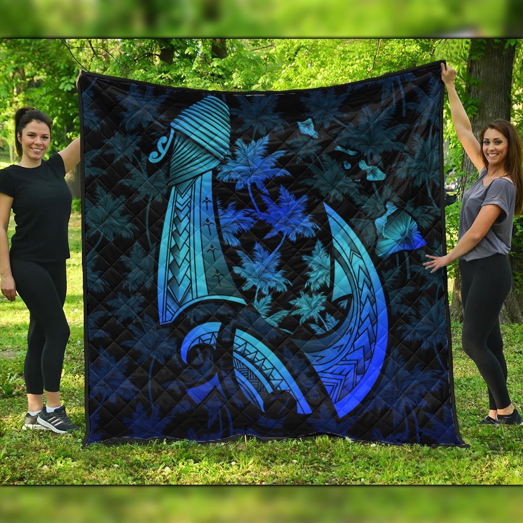 Hawaiian Map Palm Trees Fish Hook Polynesian Quilt Premium Quilts Colorful Blue - AH Black - Polynesian Pride