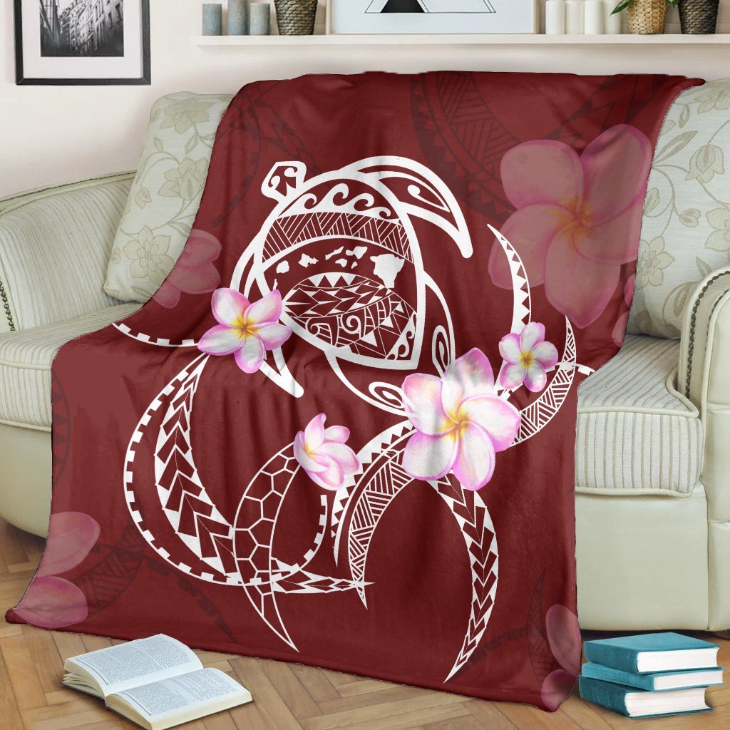 Hawaiian Map Plumeria Turtle Swim Polynesian Premium Blankets - AH - Polynesian Pride