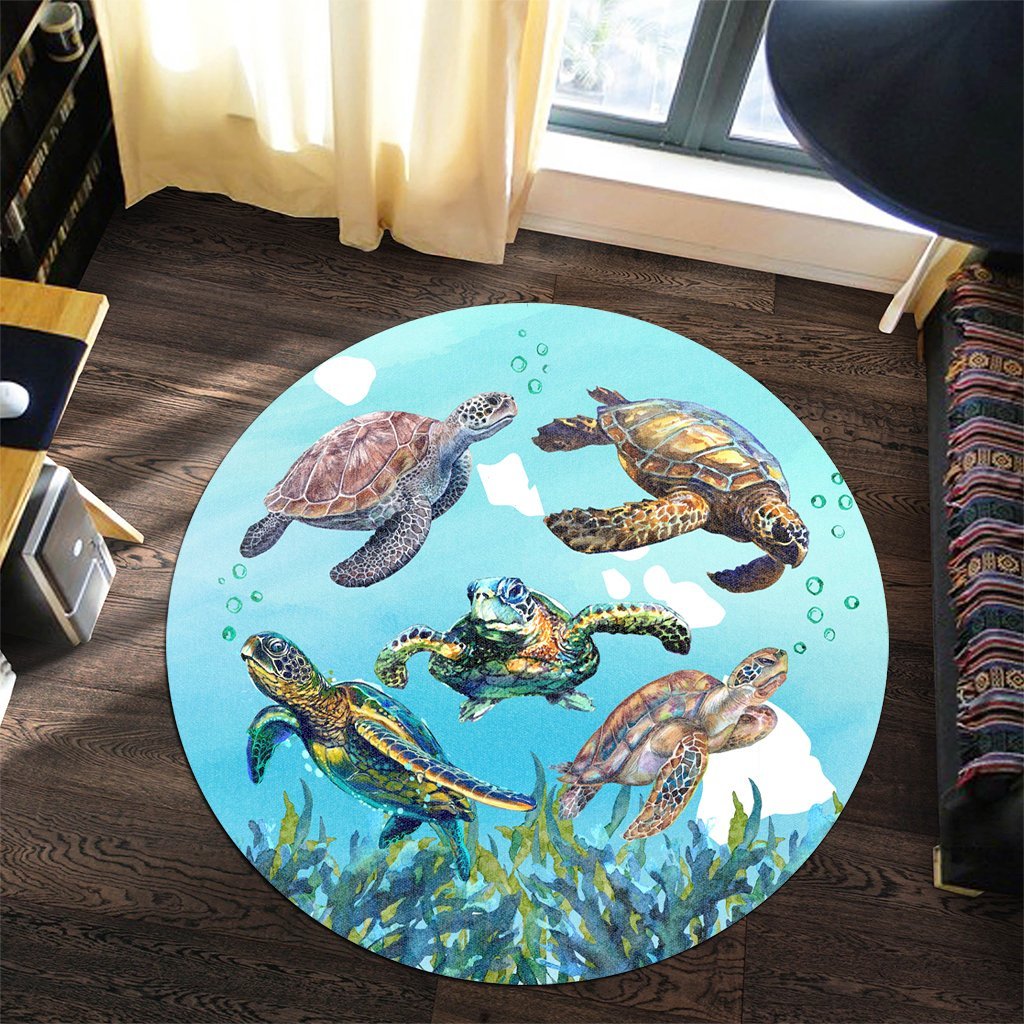 Hawaiian Map Sea Turtles Ocean Polynesian Round Carpet - AH - Polynesian Pride