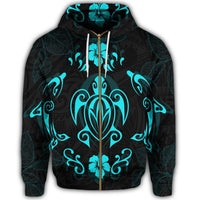 Hawaiian Map Turtle Dolphin With Plumeria Zip Hoodie - Polynesian Pride