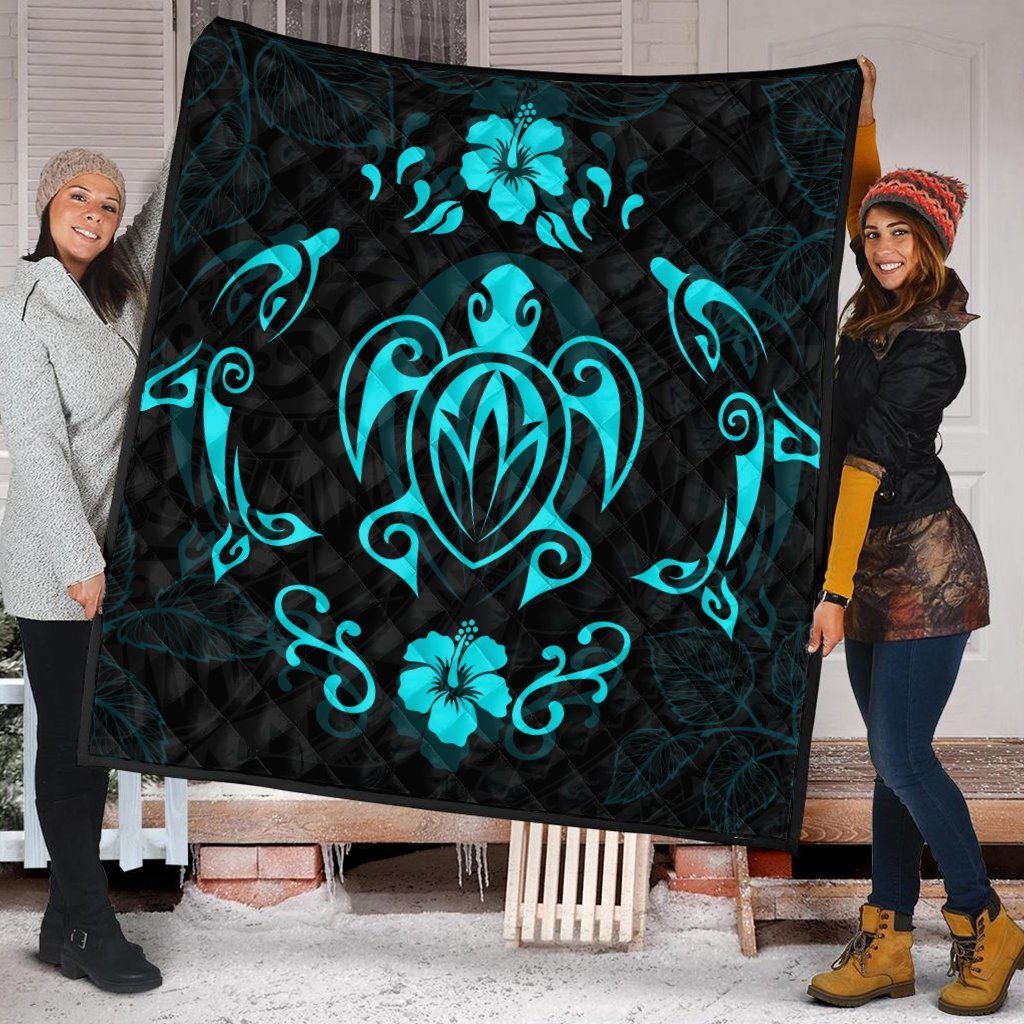 Hawaiian Map Turtle Dolphin With Plumeria Premium Quilts - AH - Polynesian Pride