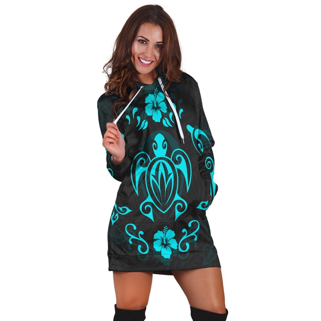 Hawaiian Map Turtle Dolphin With Plumeria Hoodie Dress - AH - Polynesian Pride
