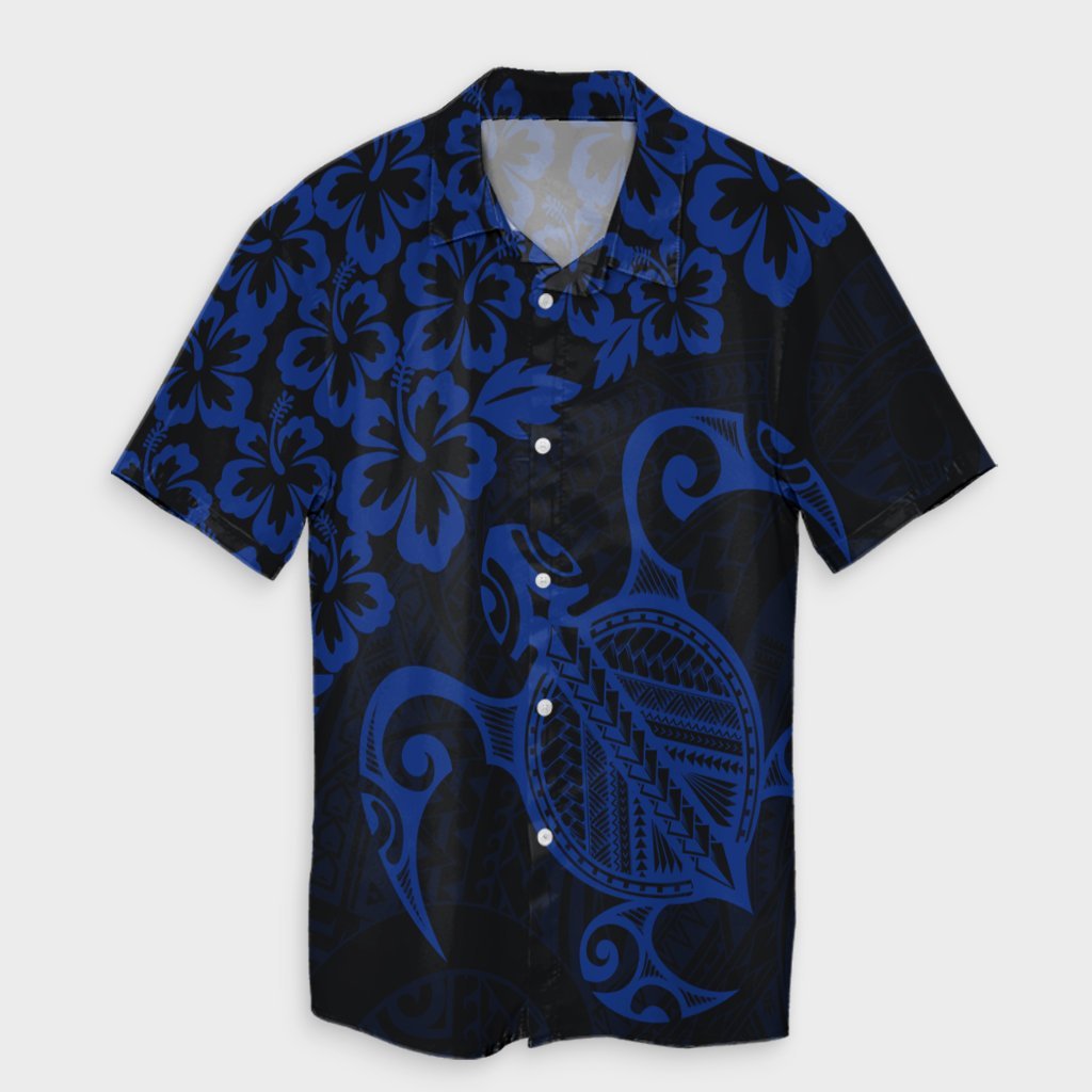 Hawaiian Map Turtle Hibiscus Kanaka Polynesian Hawaiian Shirt - Blue - AH Unisex Black - Polynesian Pride