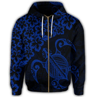 Hawaiian Map Turtle Hibiscus Kanaka Polynesian Zip Hoodie Blue - Polynesian Pride