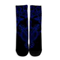 Hawaiian Map Turtle Hibiscus Kanaka Polynesian Crew Socks - Blue - AH - Polynesian Pride