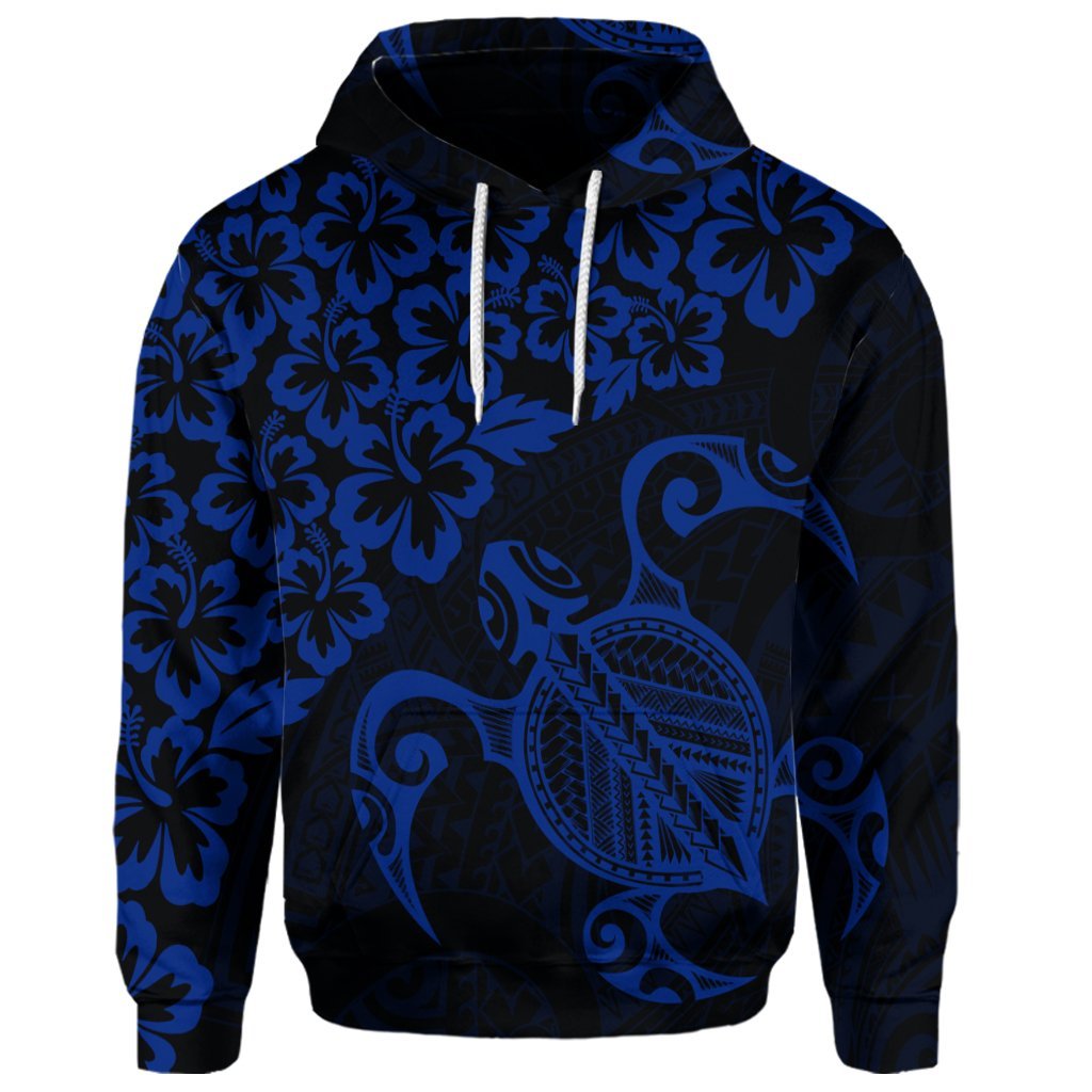 Custom Hawaiian Map Turtle Hibiscus Kanaka Polynesian Hoodie Blue - Polynesian Pride