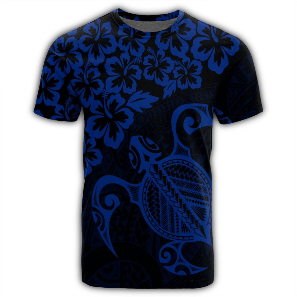 Hawaiian Map Turtle Hibiscus Kanaka Polynesian T Shirt Blue - Polynesian Pride