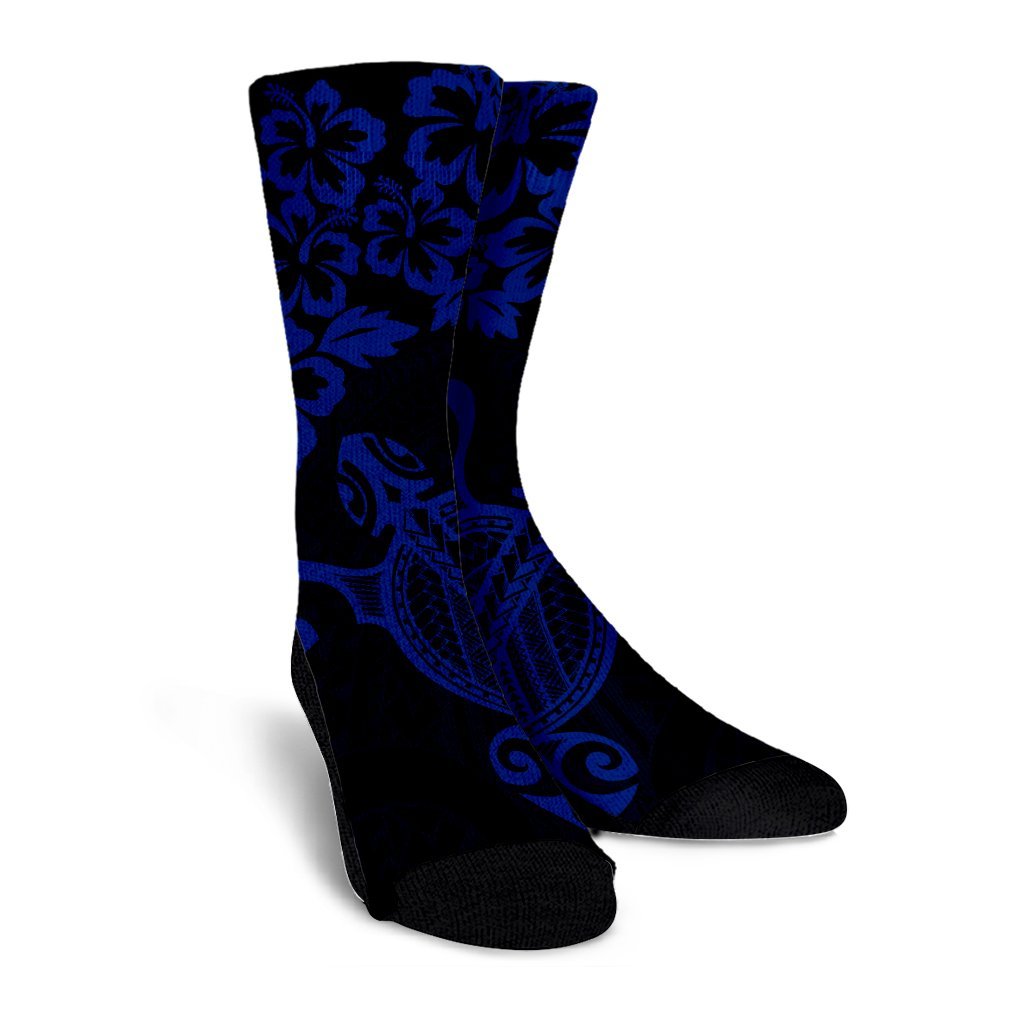 Hawaiian Map Turtle Hibiscus Kanaka Polynesian Crew Socks - Blue - AH - Polynesian Pride