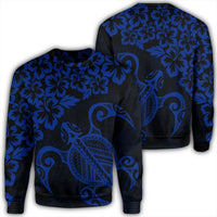 Hawaiian Map Turtle Hibiscus Kanaka Polynesian Sweatshirt - Blue - AH Unisex Black - Polynesian Pride