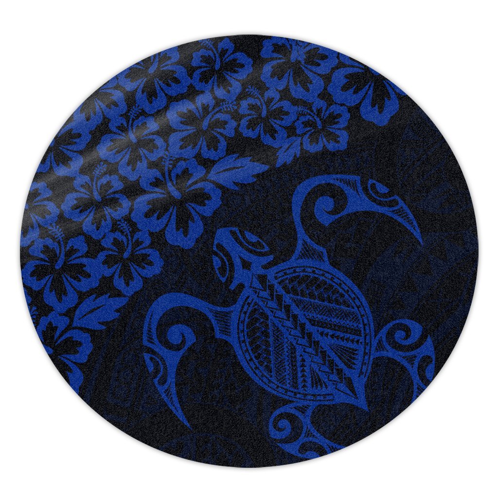 Hawaiian Map Turtle Hibiscus Kanaka Polynesian Round Carpet - Blue - AH Round Carpet Luxurious Plush - Polynesian Pride