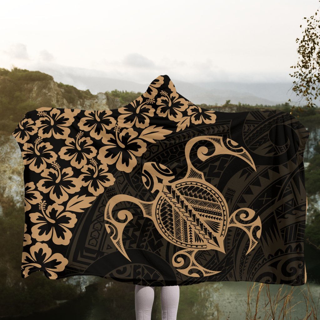 Hawaiian Map Turtle Hibiscus Kanaka Polynesian Hooded Blanket - Gold - AH - Polynesian Pride
