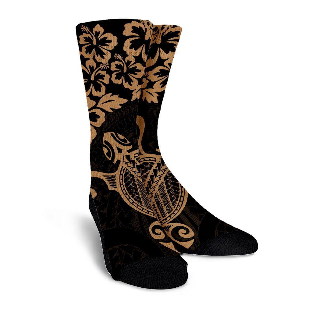 Hawaiian Map Turtle Hibiscus Kanaka Polynesian Crew Socks - Gold - AH - Polynesian Pride