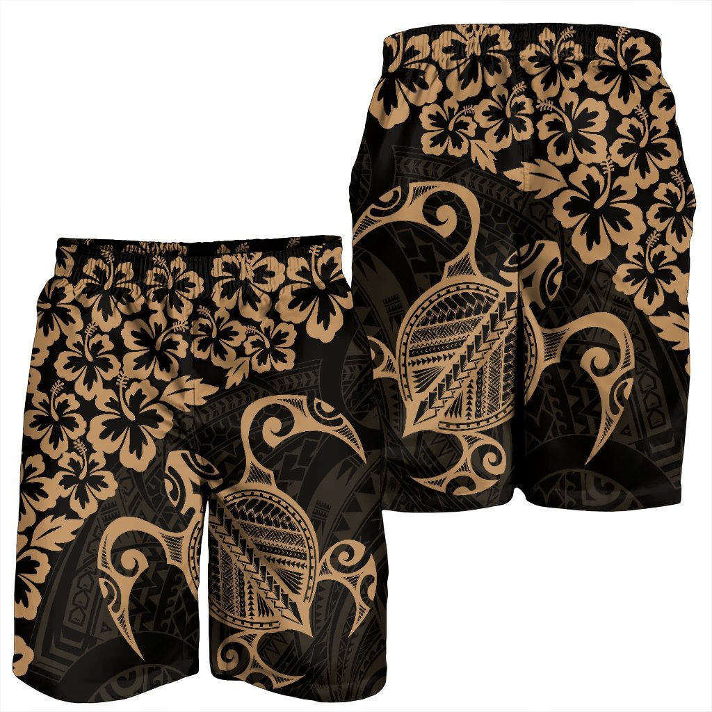 Hawaiian Map Turtle Hibiscus Kanaka Polynesian Men's Shorts - Gold - AH - Polynesian Pride