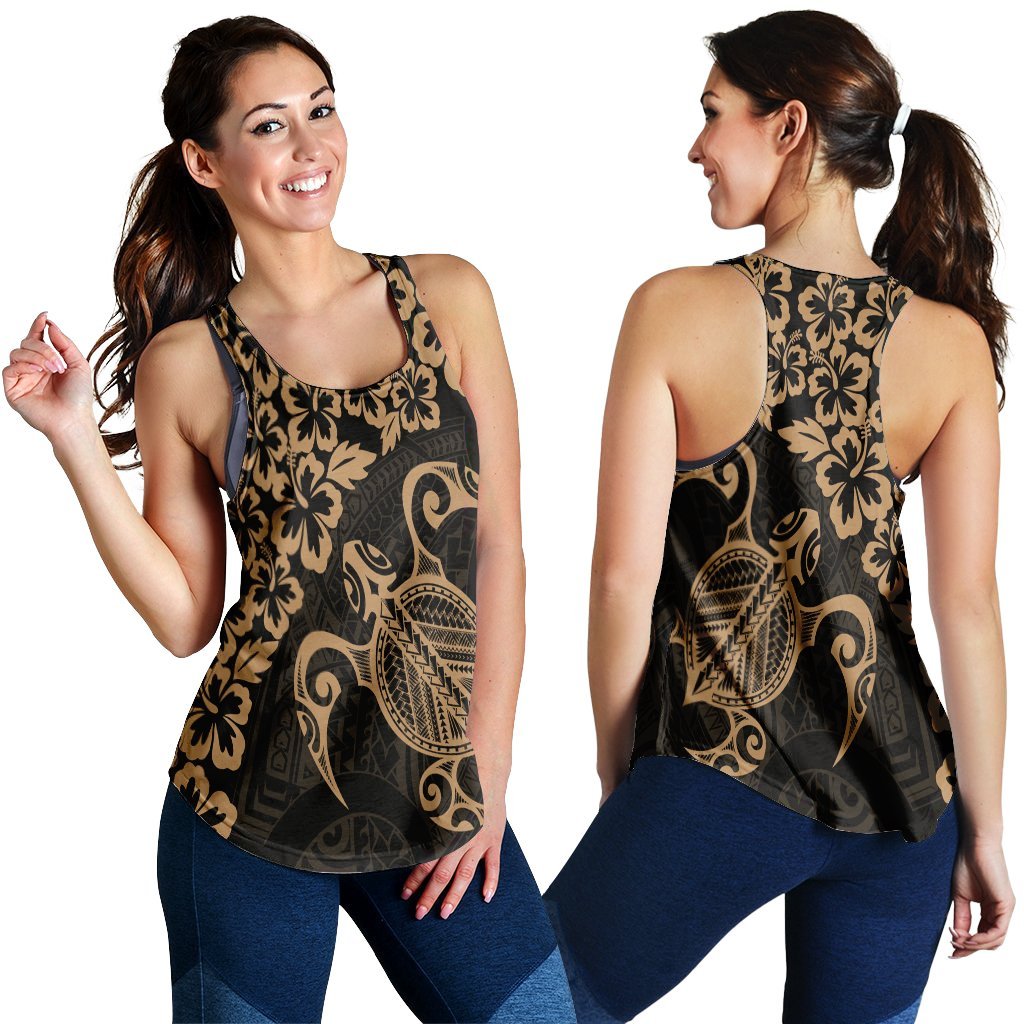 Hawaiian Map Turtle Hibiscus Kanaka Polynesian Racerback Tank - Gold - AH Black - Polynesian Pride