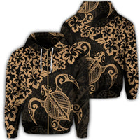 Hawaiian Map Turtle Hibiscus Kanaka Polynesian Zip Hoodie Gold Unisex Art - Polynesian Pride