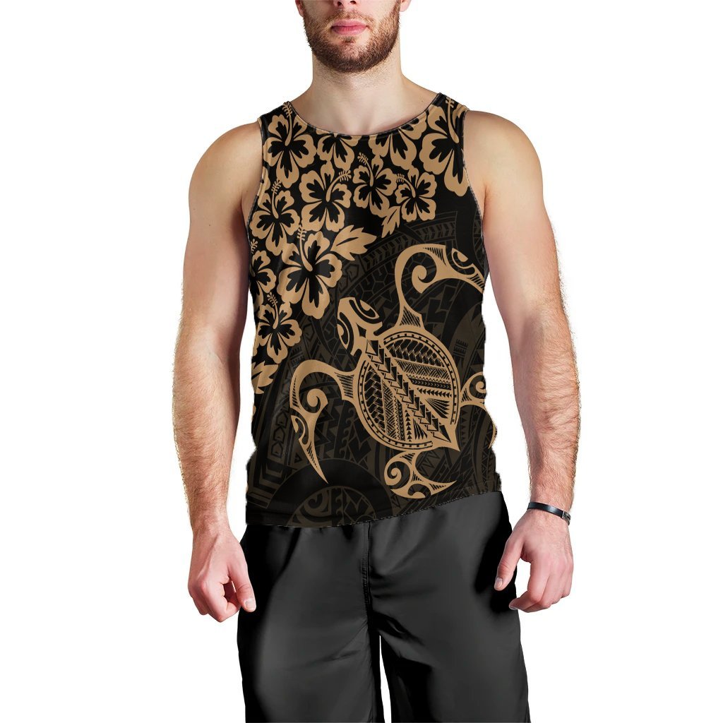 Hawaiian Map Turtle Hibiscus Kanaka Polynesian Tank Top - Gold - AH Black - Polynesian Pride