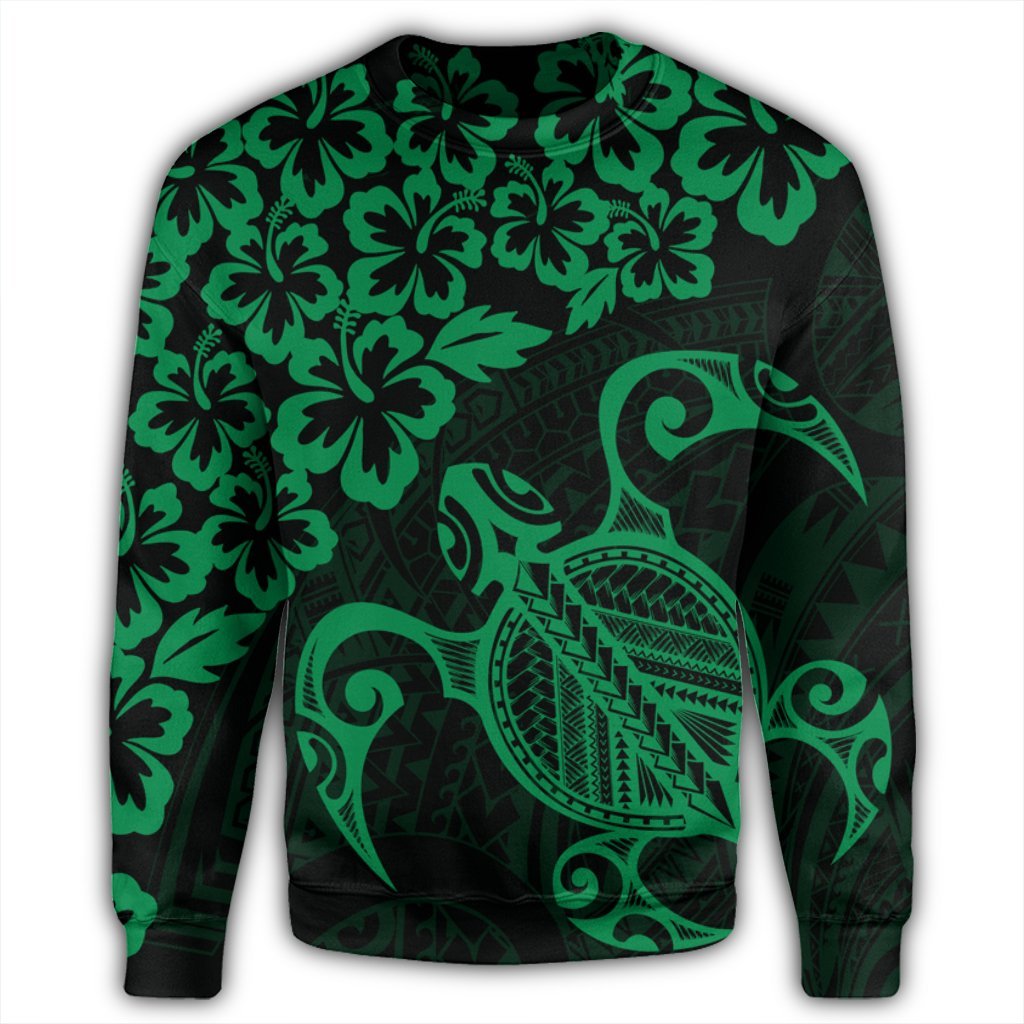 Hawaiian Map Turtle Hibiscus Kanaka Polynesian Sweatshirt - Green - AH - Polynesian Pride