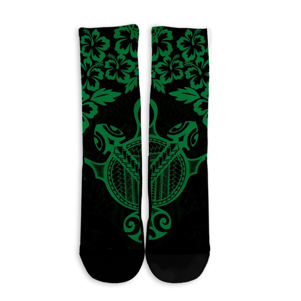 Hawaiian Map Turtle Hibiscus Kanaka Polynesian Crew Socks - Green - AH - Polynesian Pride